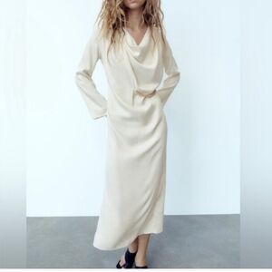 ZARA Ecru Gold Chain Satin Effect Draped Midi Maxi Dress Size M